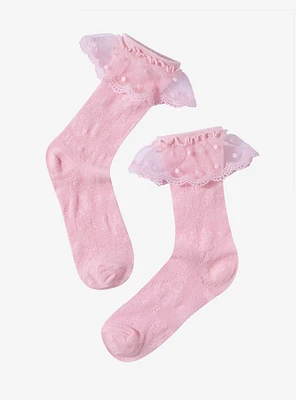 Pink Lace Ruffle Crew Socks