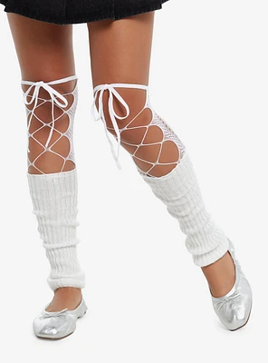 White Ribbed & Lace-Up Leg Warmers