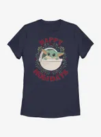 Star Wars The Mandalorian Grogu Wreath Happy Holidays Womens T-Shirt