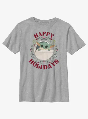 Star Wars The Mandalorian Grogu Wreath Happy Holidays Youth T-Shirt