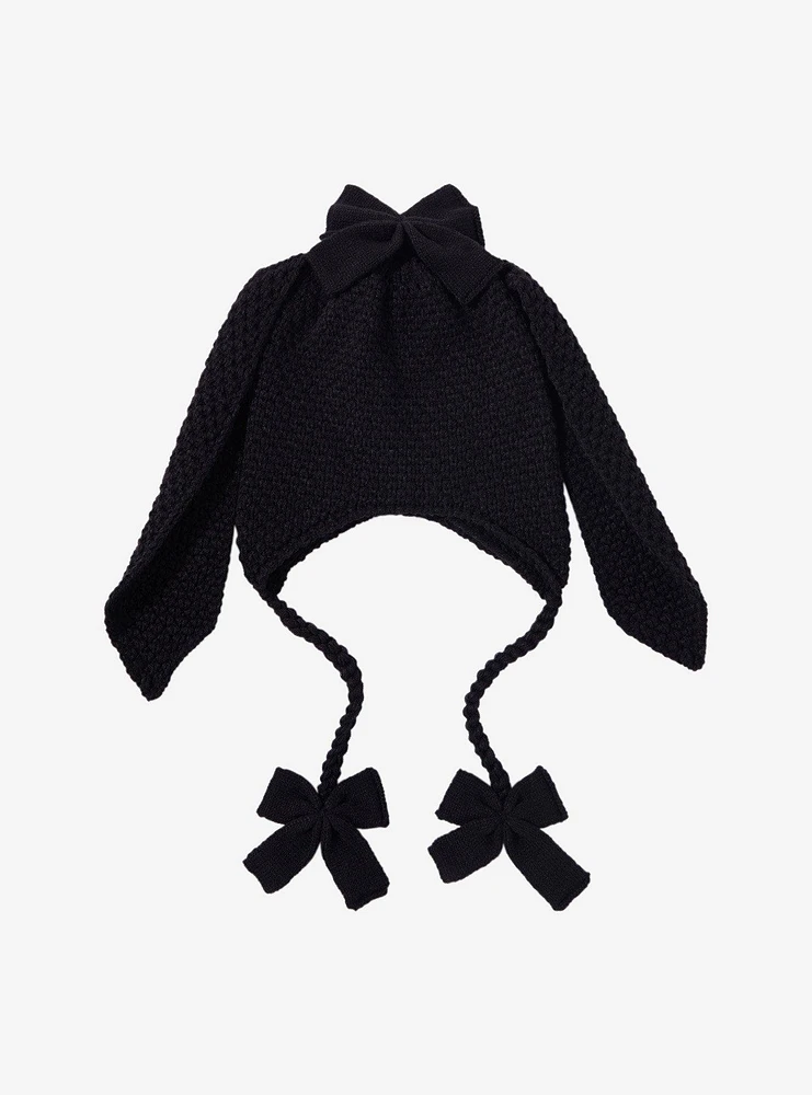 Black Bow Bunny Ear Tassel Beanie