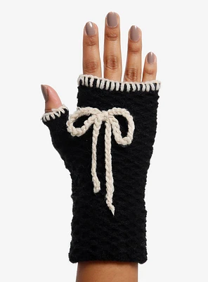Black & Cream Crochet Bow Fingerless Gloves