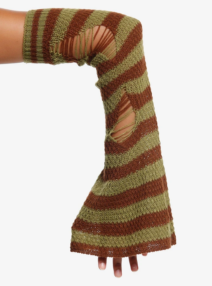 Green & Brown Distressed Knit Flare Arm Warmers