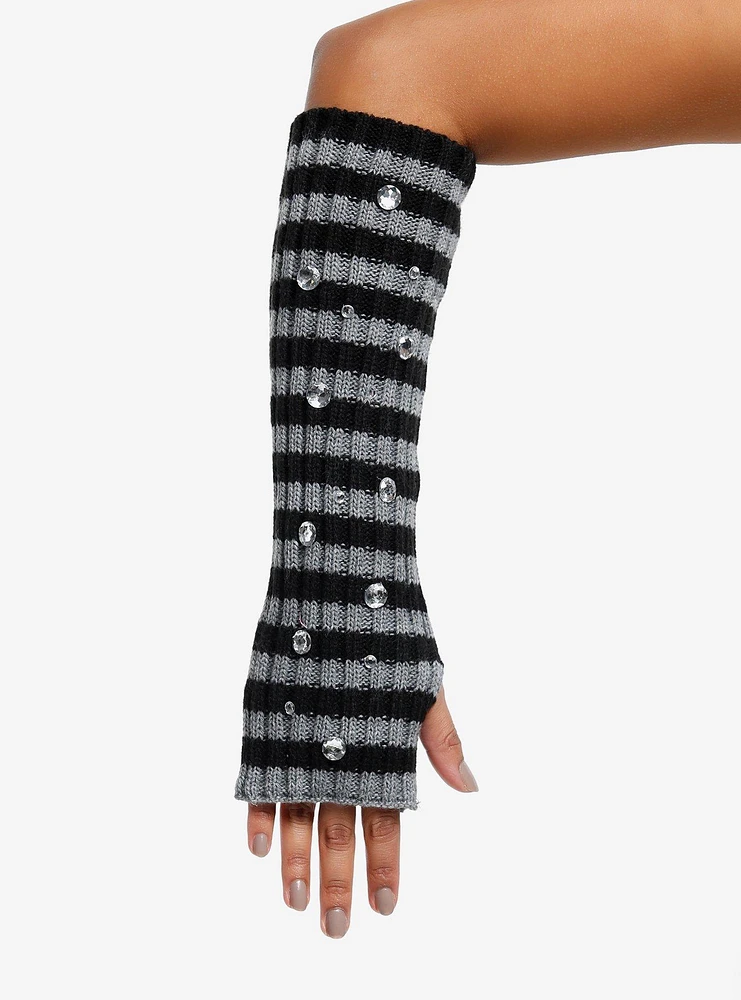 Grey & Black Stripe Rhinestone Arm Warmers