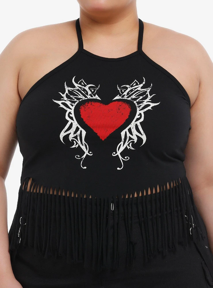 Social Collision Heart Fringe Girls Crop Halter Top Plus