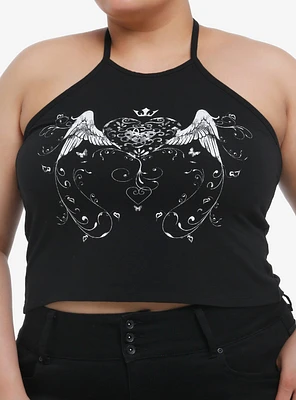 Black & White Heart Wing Filigree Girls Halter Tank Top Plus