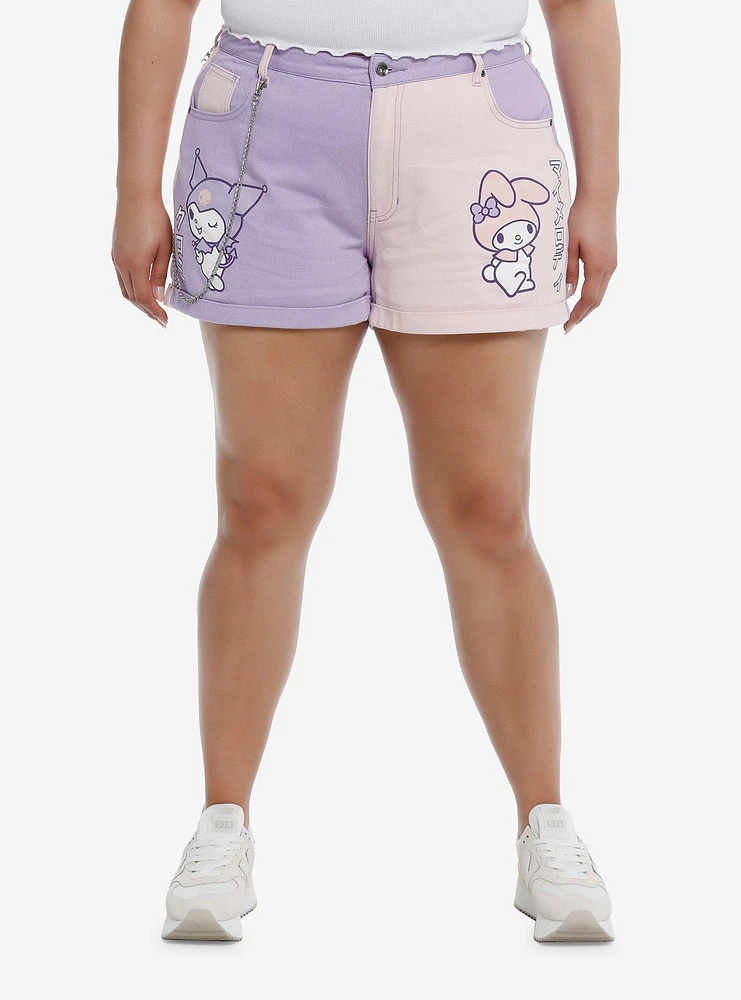 My Melody & Kuromi Pastel Color-Block Girls Denim Shorts Plus