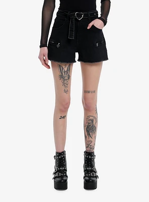 Black Zipper High Rise Shorts With Belt