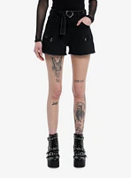 Black Zipper High Rise Shorts With Belt