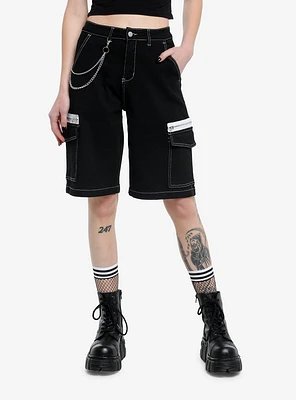 Black Contrast Zipper Pocket Girls Long Shorts