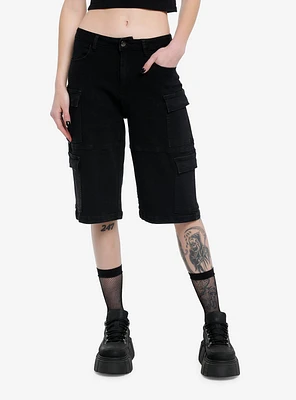 Black Double Cargo Pocket Girls Long Shorts