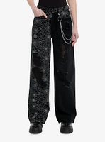 Black Destructed Spiderweb Split Wide Leg Pants