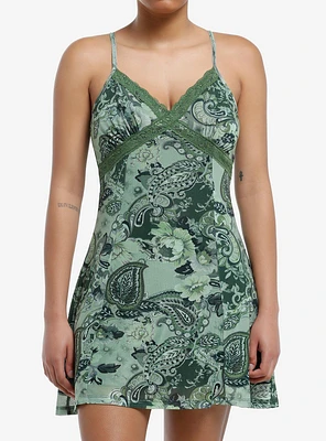 Thorn & Fable Green Paisley Slip Dress