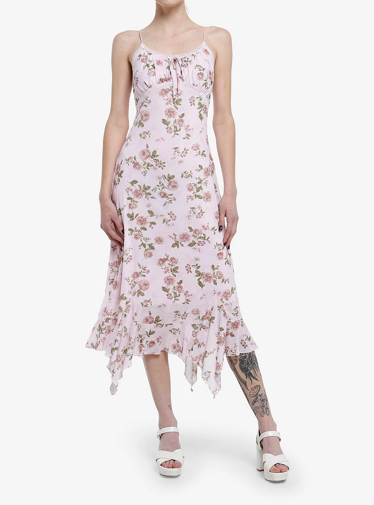 Pink Floral Hanky Hem Midi Dress