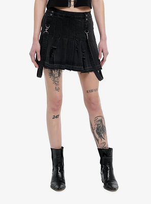 Black Destructed Suspender Pleated Skirt