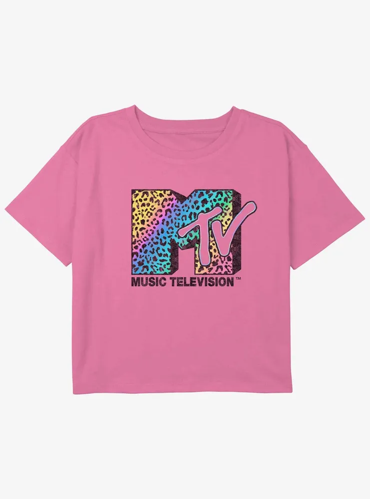 MTV Neon Leopard Rainbow Logo Girls Youth Crop T-Shirt