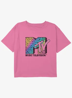 MTV Neon Leopard Rainbow Logo Girls Youth Crop T-Shirt