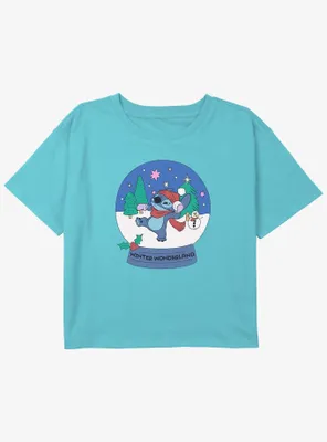 Disney Lilo & Stitch Winter Wonderland Snowglobe Youth Girls Crop T-Shirt