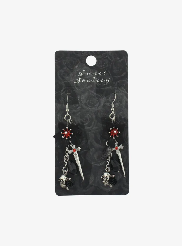 Black Flower Dagger Drop Earrings