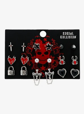 Social Collision Goth Cross Spider Stud Earring Set