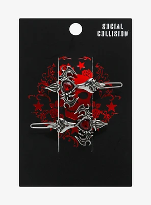 Social Collision Metal Cross Red Gem Heart Hair Clip Set