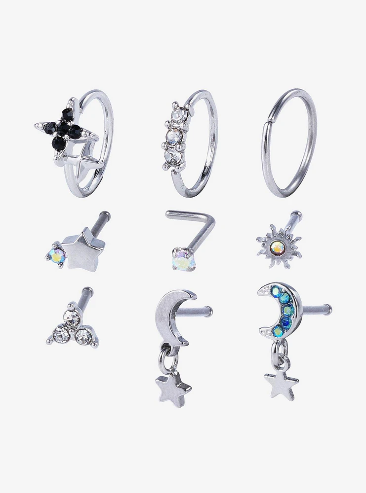 Steel Star Moon Gem Nose Stud & Hoop 9 Pack