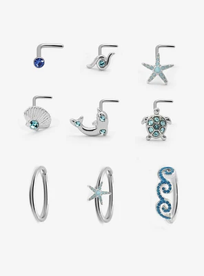 Steel Ocean Life Nose Stud & Hoop 9 Pack