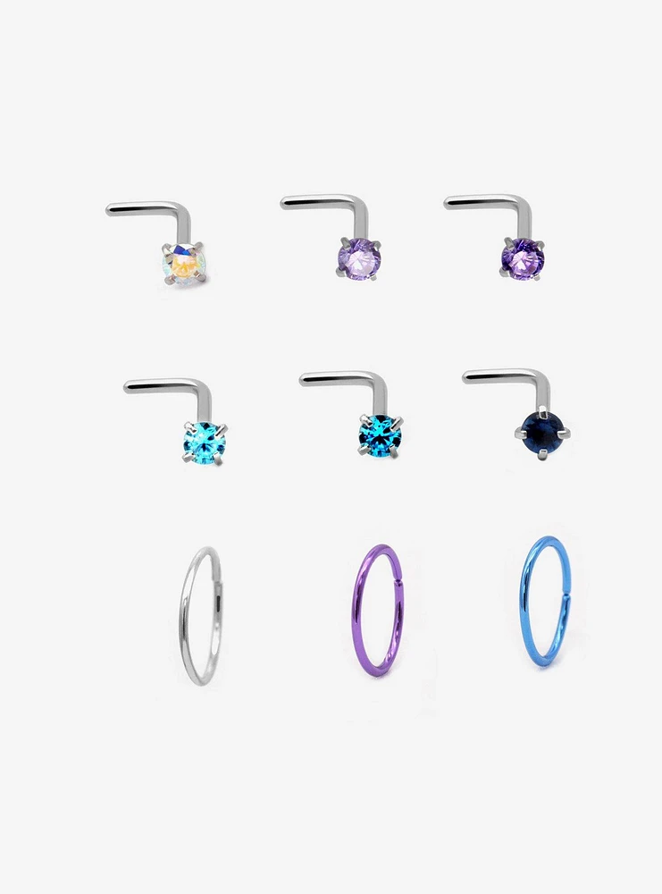 Steel Blue Purple Gem Nose Stud & Hoop 9 Pack