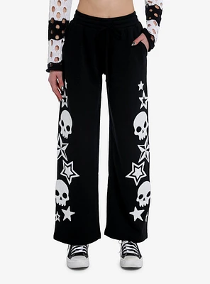 Skull Star Fuzzy Patch Wide Leg Girls Lounge Pants