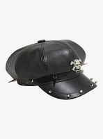 Black Faux Leather Skull Spike Cabbie Hat