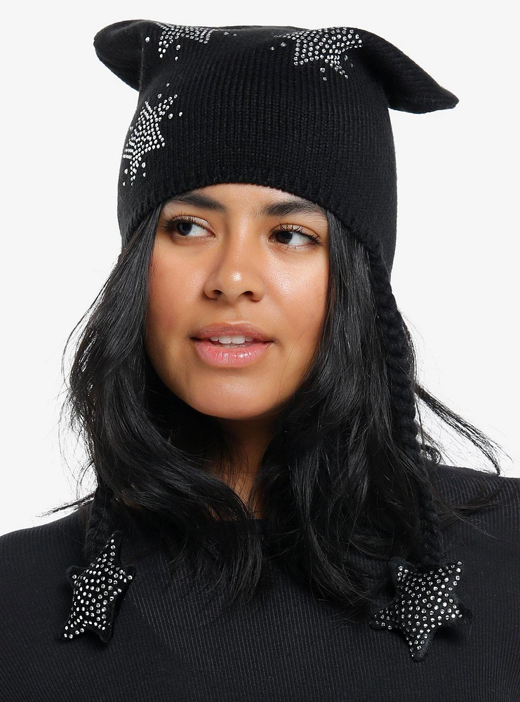 Black Rhinestone Star Tassel Beanie