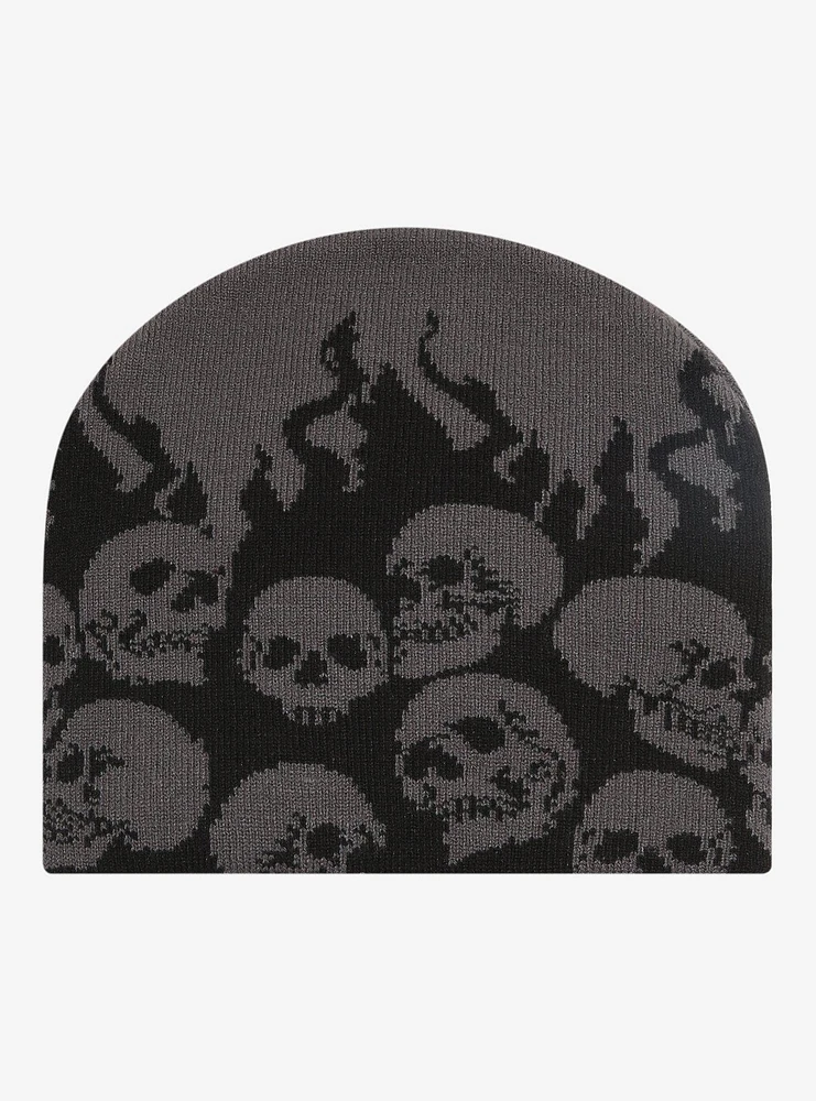 Black & Grey Skull Flame Beanie