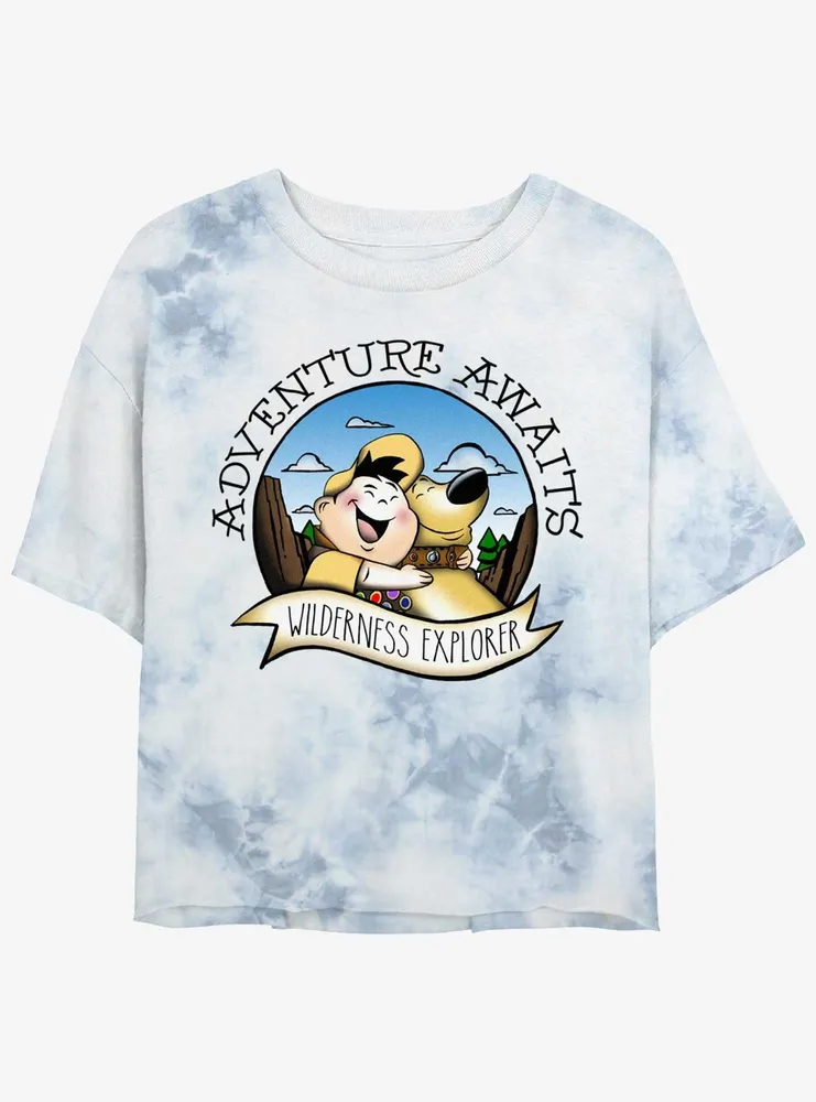 Disney Pixar Up Russell and Dug Wilderness Explorer Womens Tie-Dye Crop T-Shirt