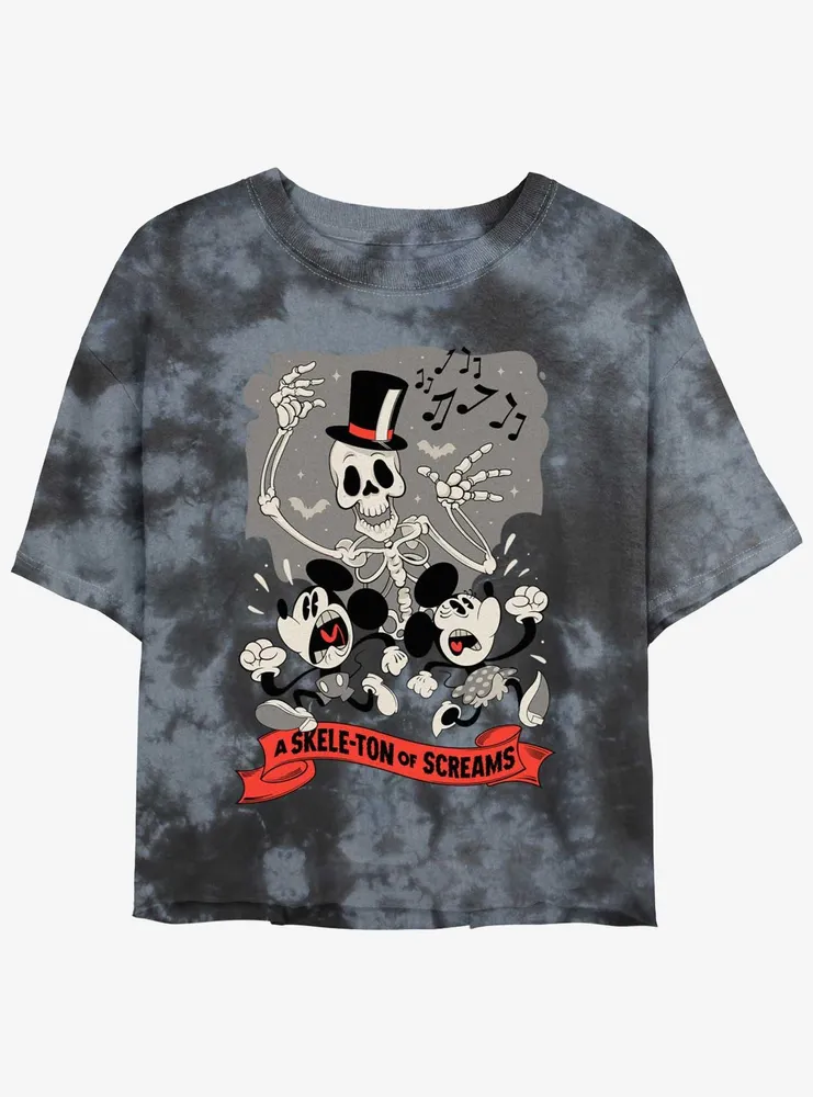 Disney Mickey Mouse A Skele-Ton of Screams Womens Tie-Dye Crop T-Shirt