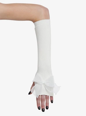 White Ribbed Ribbon Bow Arm Warmers