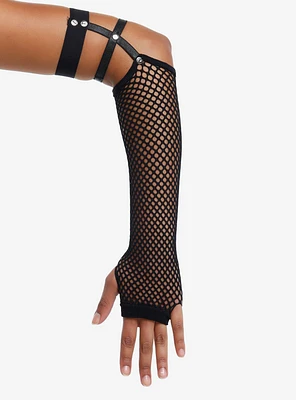 Black Fishnet Strappy Cutout Arm Warmers