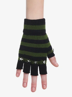 Green & Black Stripe Star Stud Fingerless Gloves