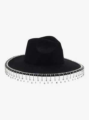 Black Rhinestone Fringe Wide-Brim Hat