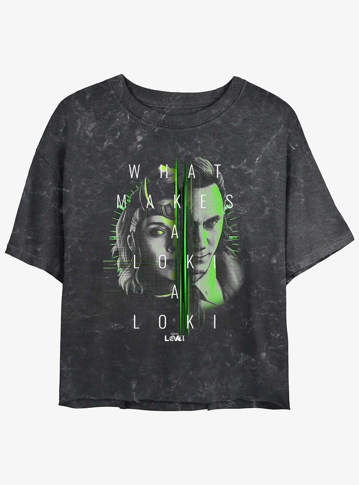 Marvel Loki Sylvie and Split Portrait Girls Mineral Wash Crop T-Shirt