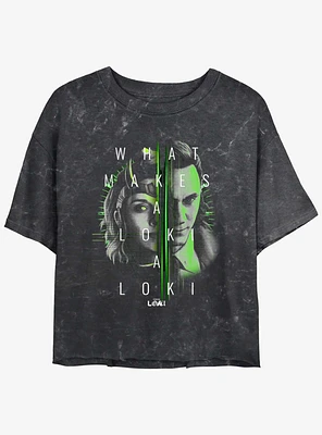 Marvel Loki Sylvie and Split Portrait Girls Mineral Wash Crop T-Shirt