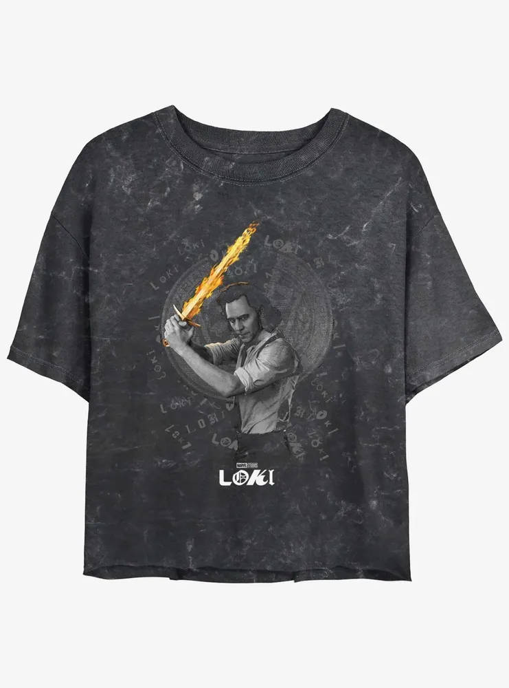 Marvel Loki Laevateinn Flaming Sword Womens Mineral Wash Crop T-Shirt