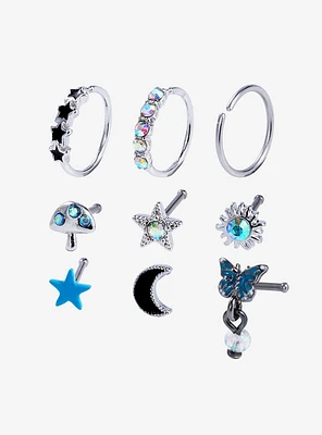 Steel Teal Butterfly Star Nose Stud & Hoop 9 Pack