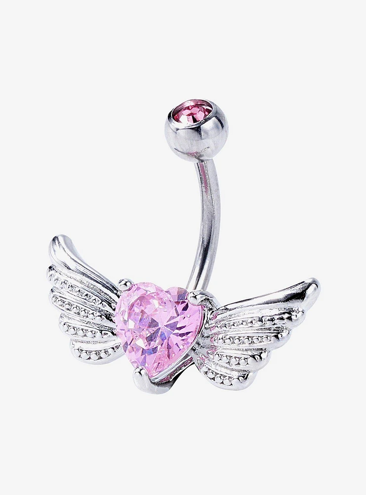 14G Steel Pink Heart Wings Navel Barbell