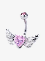 14G Steel Pink Heart Wings Navel Barbell