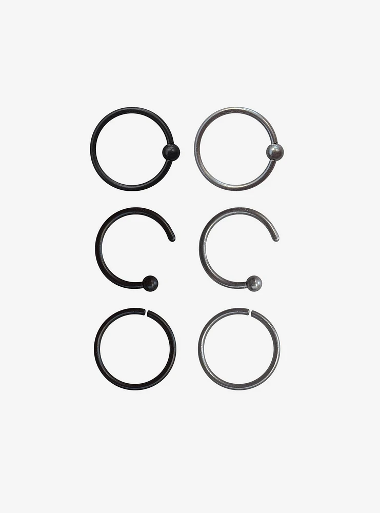 Steel Black & Grey Nose Hoop 6 Pack