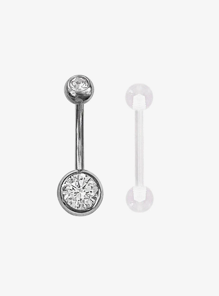 Steel Silver Gem Navel Barbell & Retainer 2 Pack