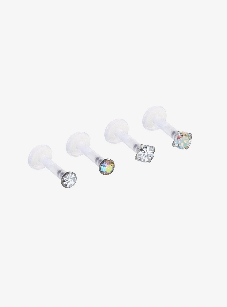 Silicone CZ Gem Labret Stud 4 Pack