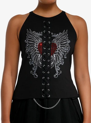 Social Collision Winged Heart Lace-Up Girls Tank Top