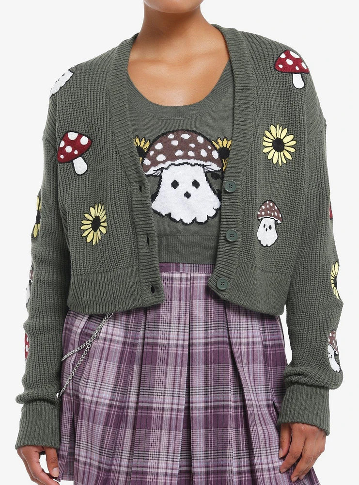 Thorn & Fable Mushroom Ghost Girls Crop Cardigan Tank Top Set