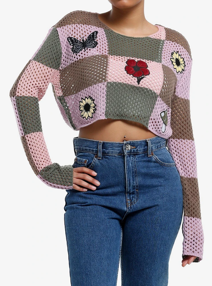 Thorn & Fable Pink Brown Checker Patches Girls Crop Knit Sweater